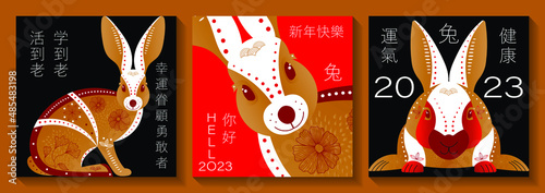 Set of banners of Chinese New Year. Translation of hieroglyphs: Rabbit, happy new year, luck, health, luck loves the brave, live to old age, study to old age, hello.
