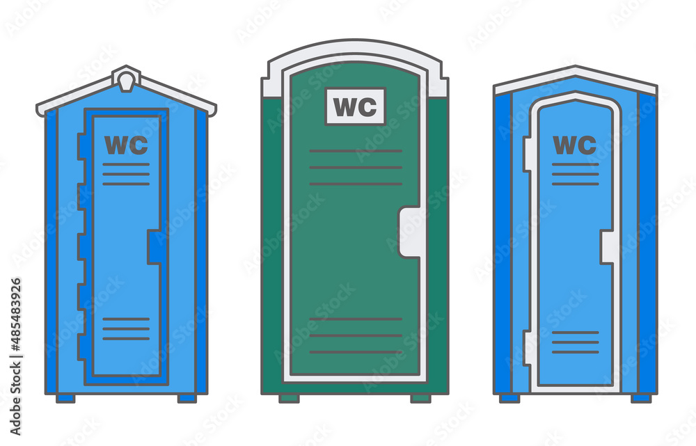 Mobile portable bio toilet. Front view. Blue plastic closet WC. Vector icon set Mobile portable bio toilet. Front view. Blue plastic closet WC. Vector icon set
