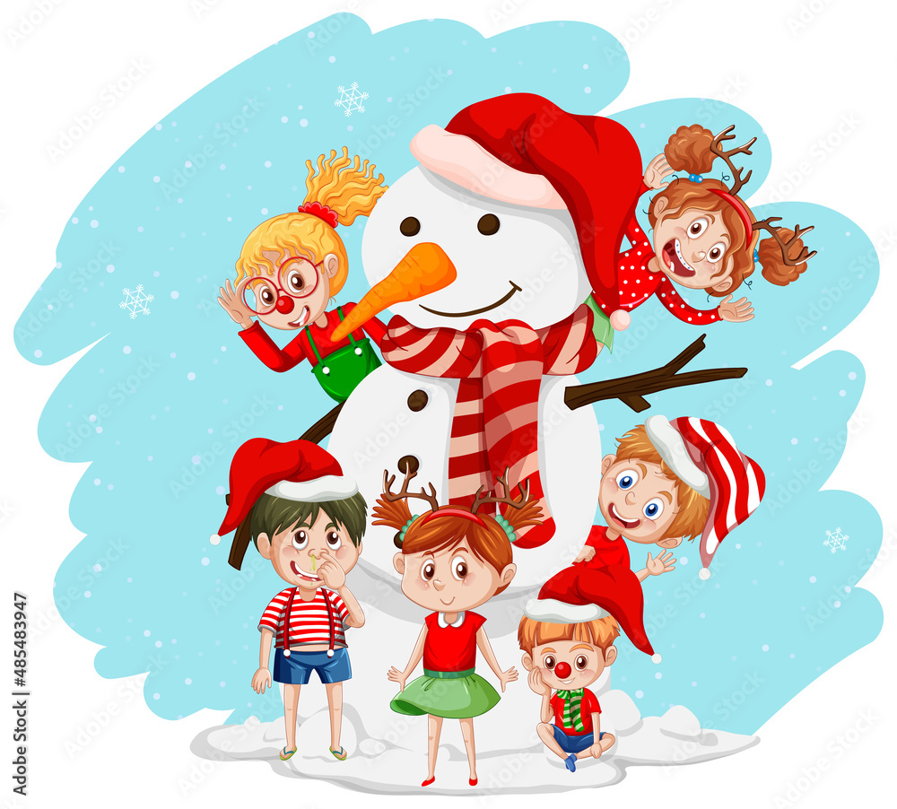Christmas snowman with happy children cartoon character