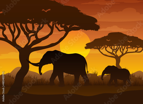 Silhouette savanna forest with wild animals © blueringmedia