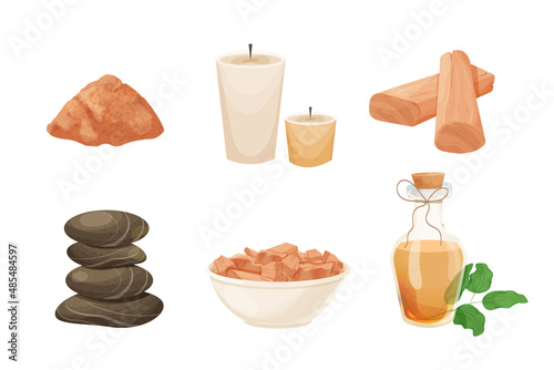 Set spa stones tower, aroma candles, incense sticks in bottle, sandal wood pieces and powdered in bowl, oil in cartoon style isolated on white background. Relax, wellness treatment concept.