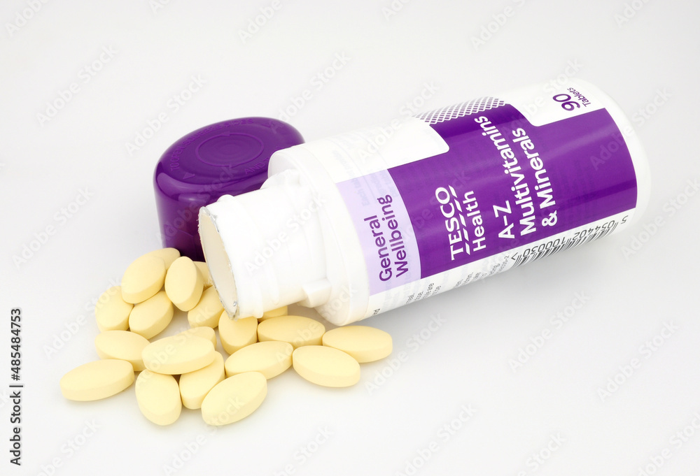 Tesco supermarket own brand multivitamins and minerals 90 tablet pack Stock Photo Adobe Stock