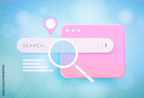 Local SEO 3d concept. Search Optimization Local Marketing Strategy. Search bar and webpage with magnifier, pin location icon on smooth blue gradient background
