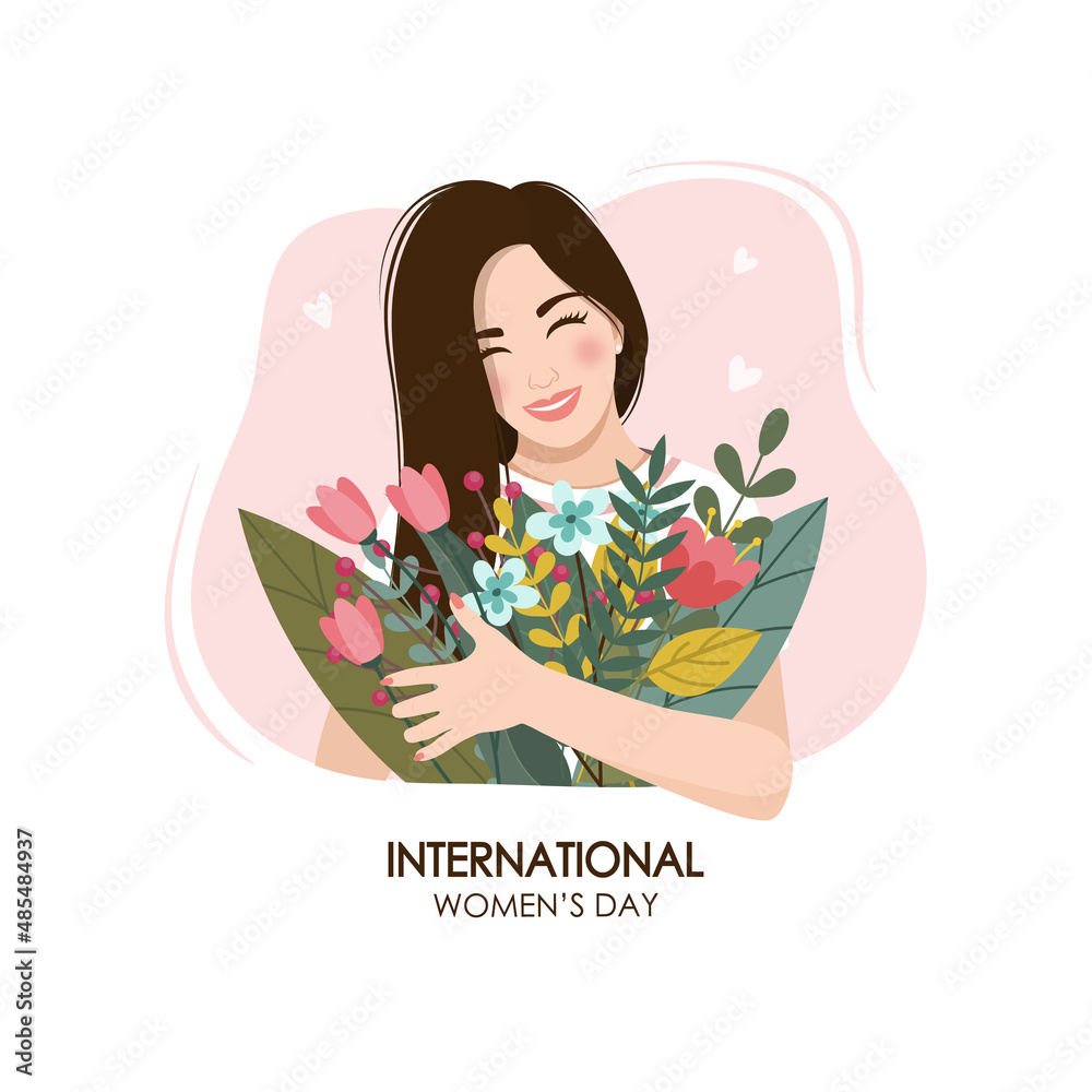 International Women's Day. Cheerful girl with a bouquet of flowers in a pink frame. Vector illustration. International Women's Day. Cheerful girl with a bouquet of flowers in a pink frame. Vector illustration.