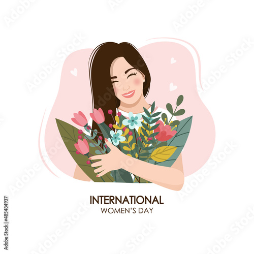 International Women's Day. Cheerful girl with a bouquet of flowers in a pink frame. Vector illustration.