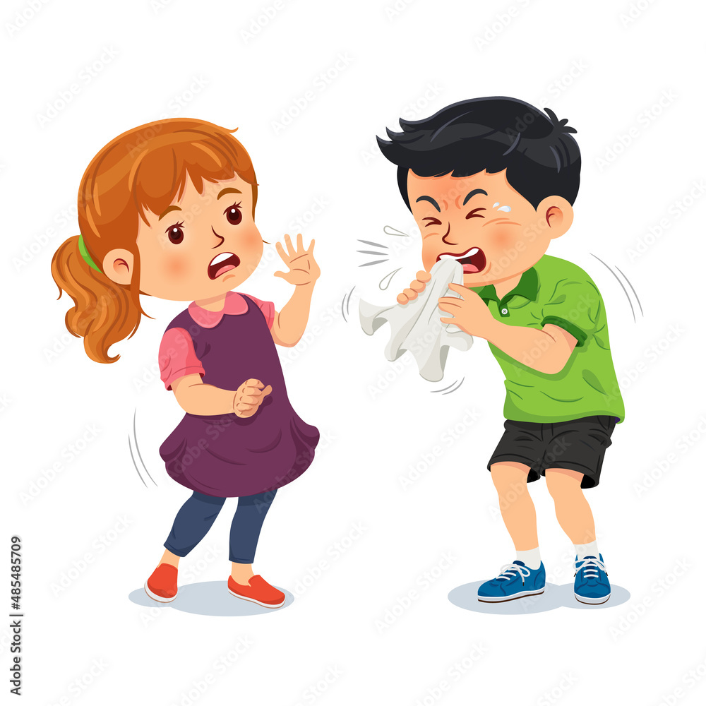 Little boy holds a handkerchief in his hand, coughing to a friend. Sick child concept. Vector illustration Little boy holds a handkerchief in his hand, coughing to a friend. Sick child concept. Vector illustration
