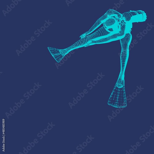 Monochrome silhouette of sitting diver. Mesh grid texture