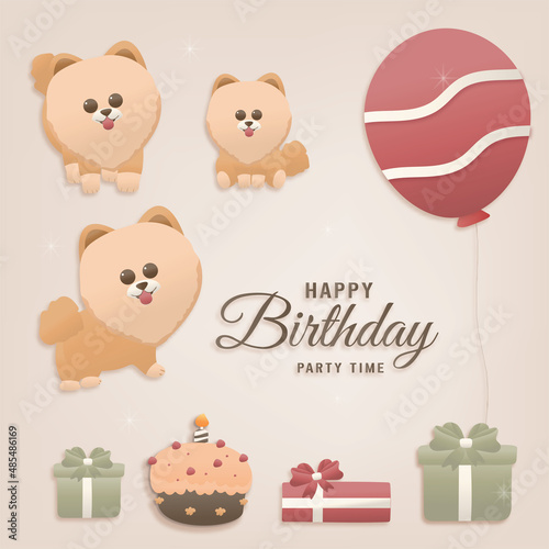 Happy birthday cute dog Character template design elements for party invitations. 3 brown pomeranian dogs, gifts, cakes, balloons for decoration. Paper And Craft Style Vector Illustration