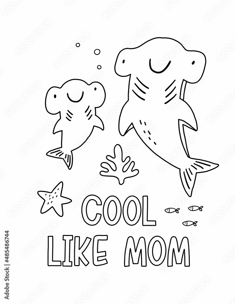 Cute cartoon coloring page with hammerhead shark mom and baby. Mother's