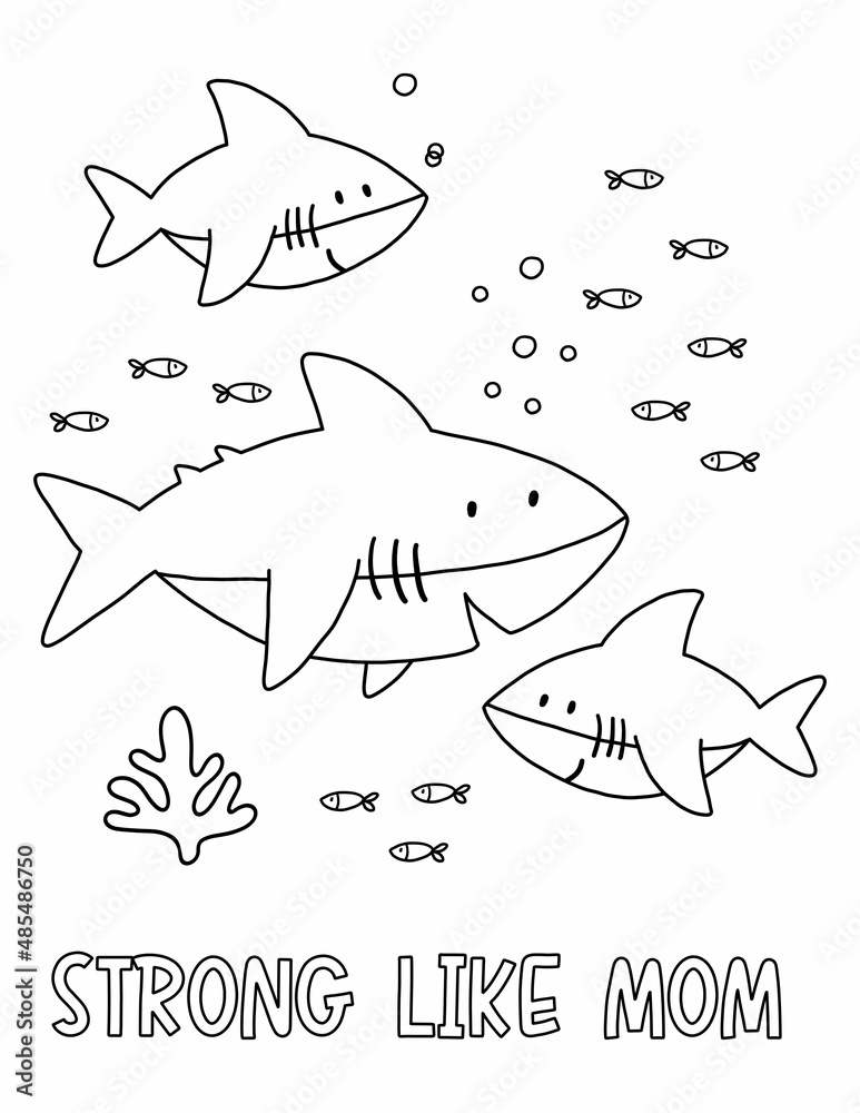 Cute cartoon coloring page with Shark mom and baby. Mother's Day vector