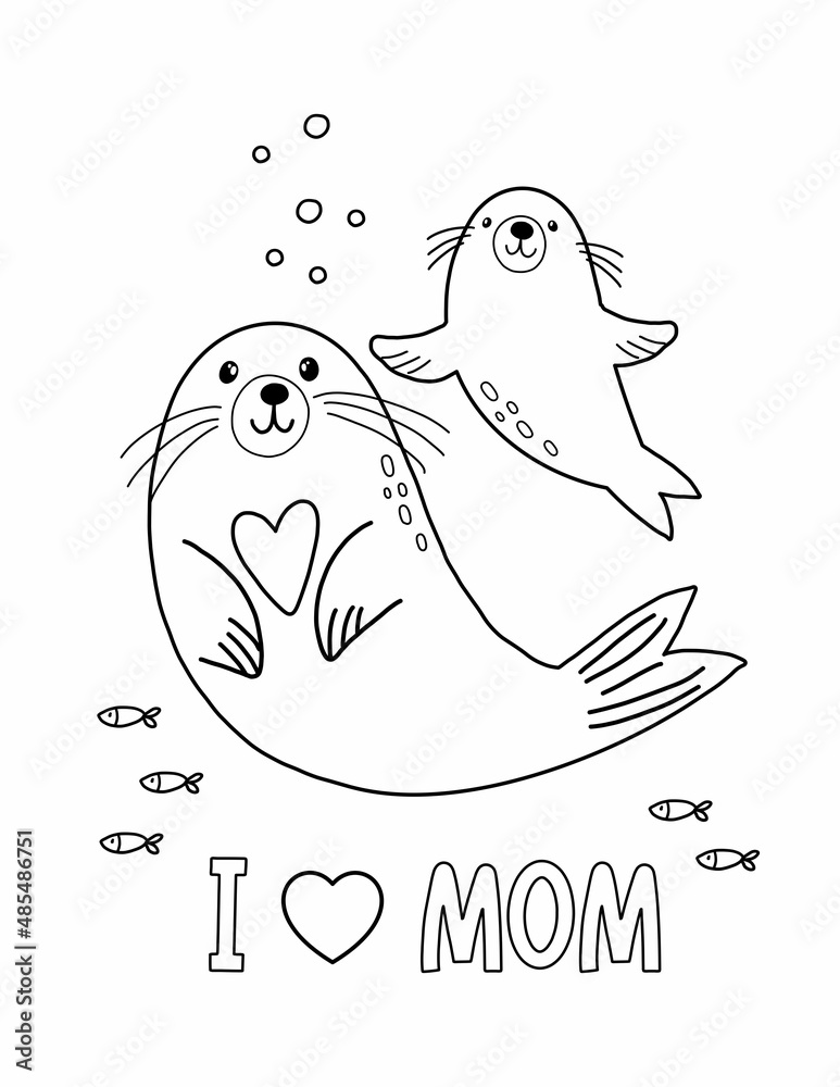 Cute cartoon coloring page with Seal mom and baby. Mother's Day vector
