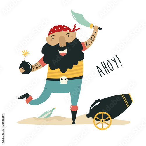 Vector composition with a cheerful pirate with sword, bomb and artillery gun
