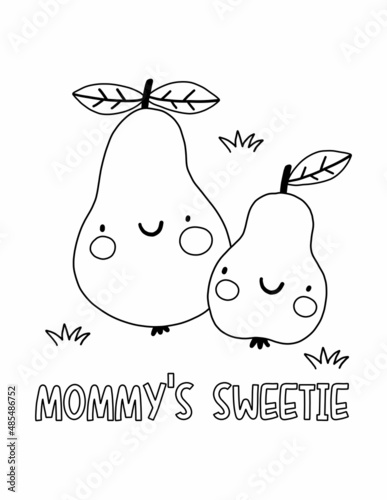 Cute cartoon coloring page with pear mom and baby. Mother's Day vector printable worksheets for preschool