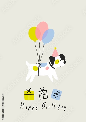 Happy Birthday my dear dog. Cute Cartoon pet Birthday card. Vector illustration dog and baloon in flat style