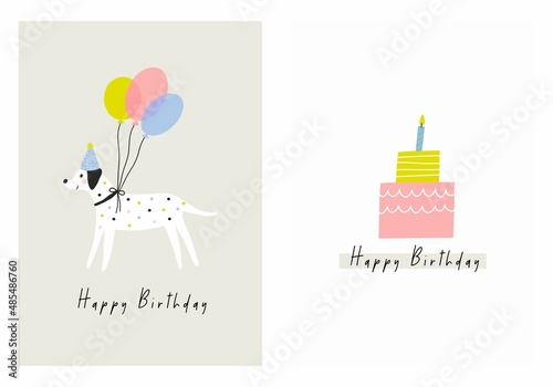 Happy Birthday my dear dog. Cute Cartoon pet Birthday card. Vector illustration dog and baloon in flat style