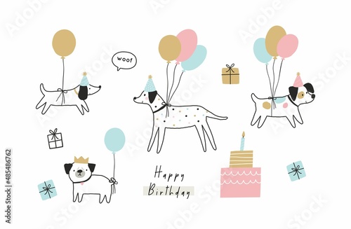 Happy Birthday my dear dog. Cute Cartoon pet Birthday card. Vector illustration dog and baloon in flat style