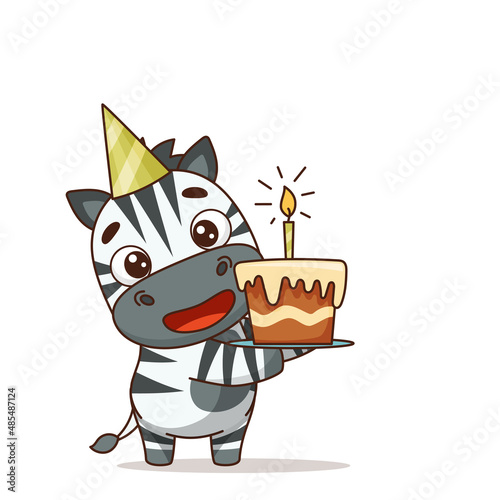 Zebra celebrating a birthday in a cap with a cake and a candle. Vector illustration for designs, prints and patterns. Isolated on white background
