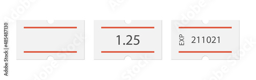 Paper price tag with two red stripes. Blank price label. White sticker to indicate the expiration date. Vector illustration isolated on white background.