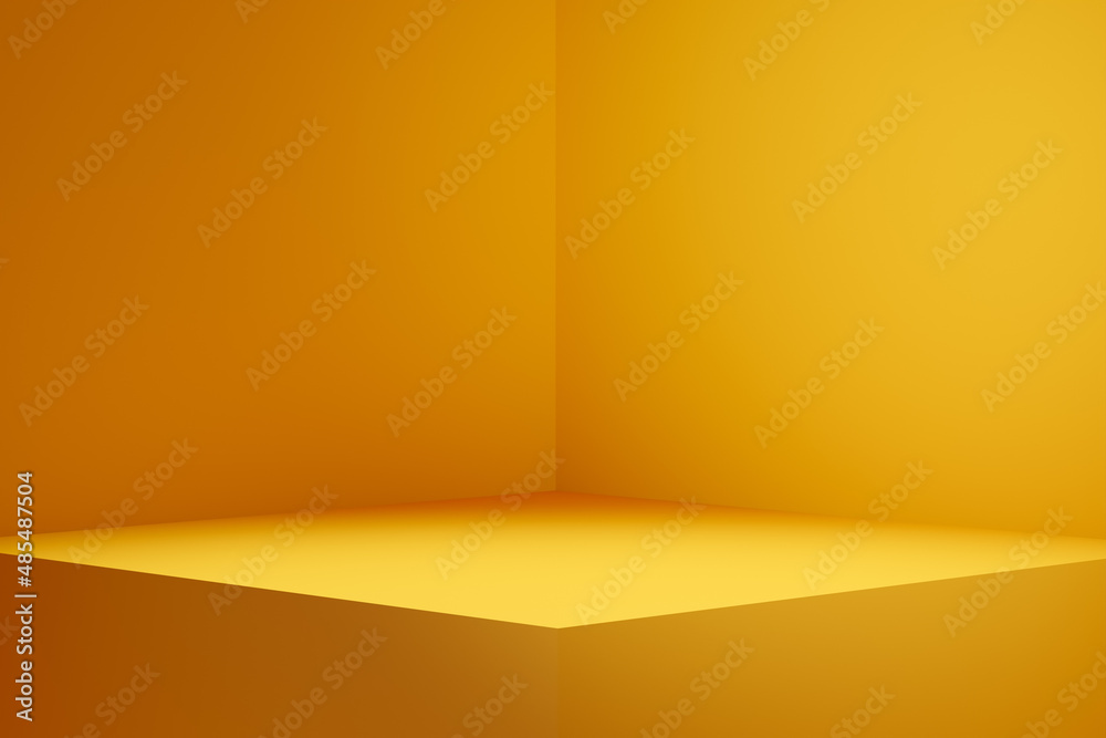 Empty pedestal display on yellow background with blank stand for product show or presentation.