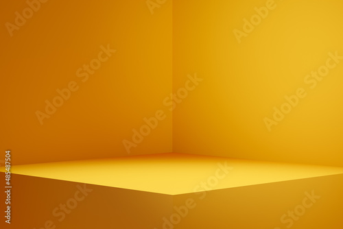 Empty pedestal display on yellow background with blank stand for product show or presentation. photo