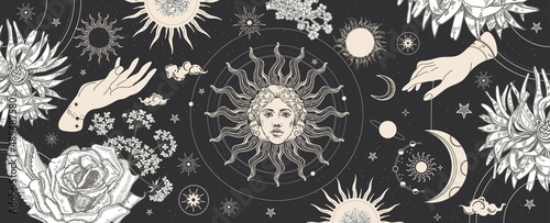 Black magic banner for astrology, fortune telling, horoscopes. Space background.