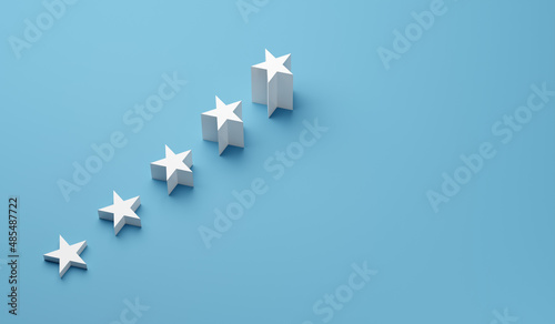 Five stars with an increasing rating on blue background. Rising positive ratings or ranking concept
