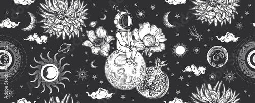 Astronauts, planets and flowers. Seamless pattern. Space illustration Surrealism.