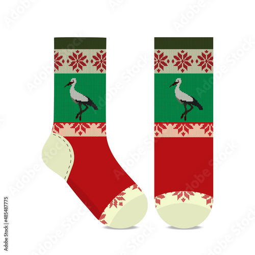 A Set Of Unisex Socks. Illustration of socks in eco style. The pattern of socks for flat clothes on the front and back is red. Unisex CAD mock-up.