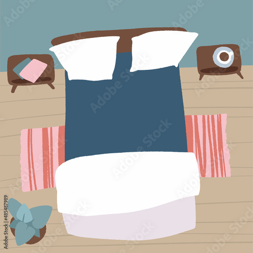 Bedroom with furniture overhead top view. Cozy double bed with interior elements.