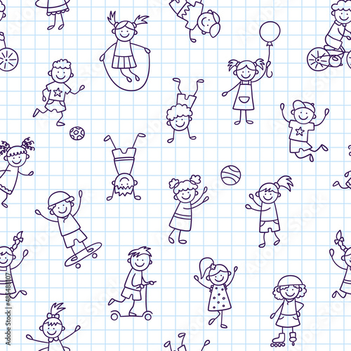 Seamless pattern with doodle children. Hand drawn funny little kids play, run and jump. Cute children drawing. Vector illustration in doodle style on squared notebook background.