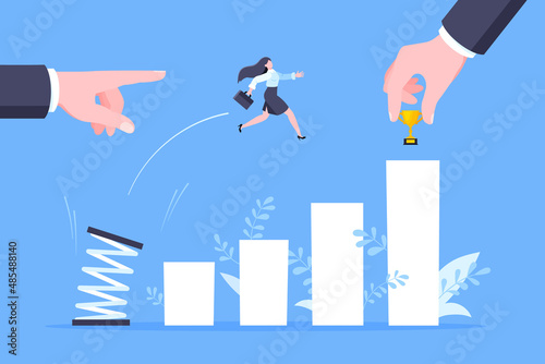 Business mentor helps to improve career with springboard vector illustration. Business person jumps above career ladder graph. Success growth, motivation opportunity, boost career concept.