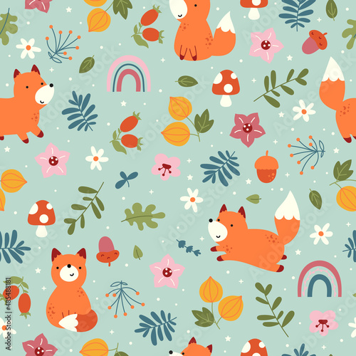 Cartoon cute fox seamless pattern