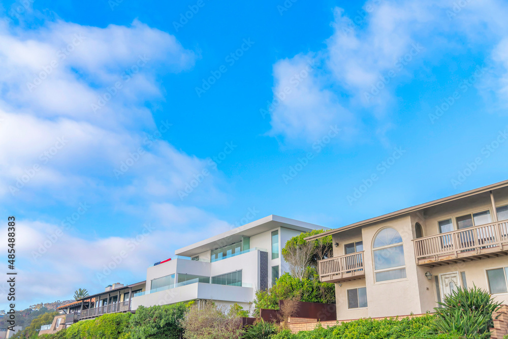 Low angle view of buildings with railings on the balconies at La Jolla, San Diego, California Low angle view of buildings with railings on the balconies at La Jolla, San Diego, California