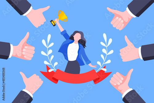 Best worker employee winner with trophy cup inside award ribbon and floral wreath flat style design vector illustration. Employee of the month, talent award, best worker competition prize. photo