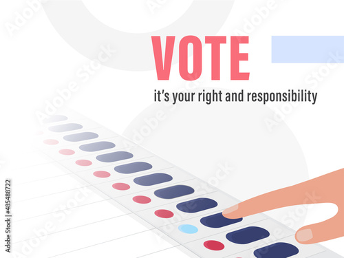 Vote, It's Your Right And Responsibility Text With Index Finger Pressing Button On White Background.