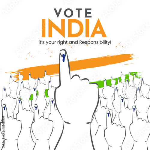 Crowd Of Indian Voters Showing Index Finger After Voting With Tricolor Brush Effect For Election Day.