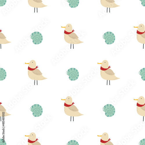 Vector seamless pattern with seagulls in neck handkerchiefs and shells