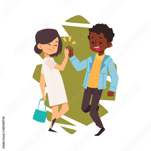 Black boy gives high five to asian girl, cartoon vector illustration. Two happy kids clap hands, isolated.