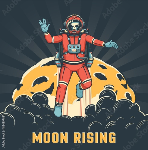 Alien astronaut with jetpack flies around the moon. Vector image. Spaceman in space suit with vulcan salute gesture. Retro space poster.