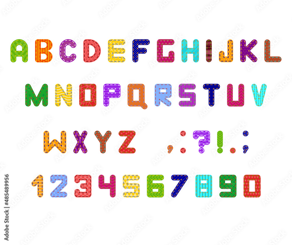 Children's alphabet in flat design. Embroidered letters, punctuation marks and numbers on an isolated white background. Vector stock illustration Children's alphabet in flat design. Embroidered letters, punctuation marks and numbers on an isolated white background. Vector stock illustration