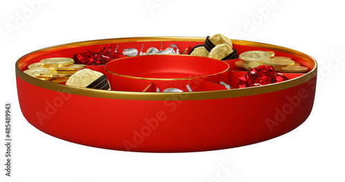 3D render illustration Chinese lunar new year candy box round bitcoin chocolate 