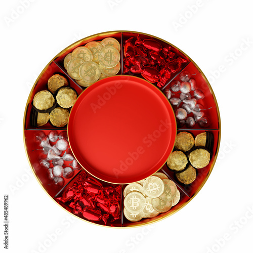3D render illustration Chinese lunar new year candy box round bitcoin chocolate 