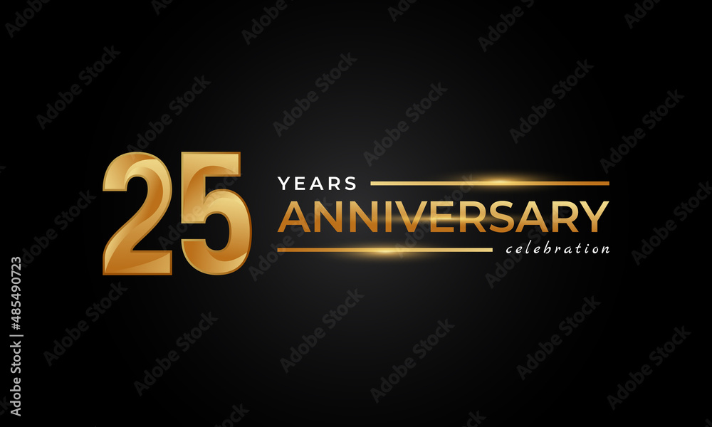 25 Year Anniversary Celebration with Shiny Golden and Silver Color for Celebration Event, Wedding, Greeting card, and Invitation Isolated on Black Background