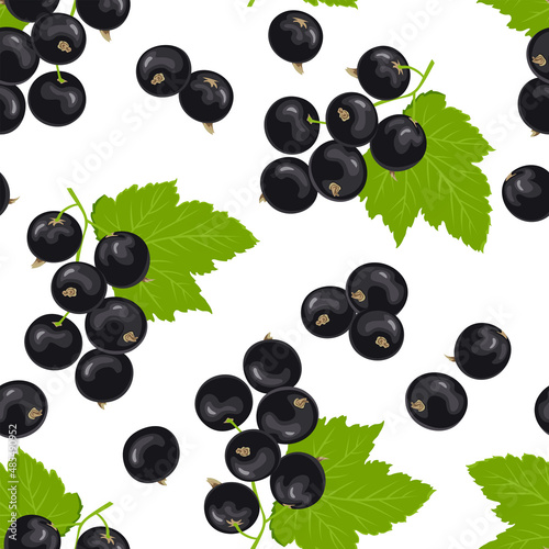 Blackcurrant seamless pattern. Fresh ripe berry and green leaves vector background. Cartoon flat illustration.