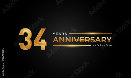 34 Year Anniversary Celebration with Shiny Golden and Silver Color for Celebration Event, Wedding, Greeting card, and Invitation Isolated on Black Background