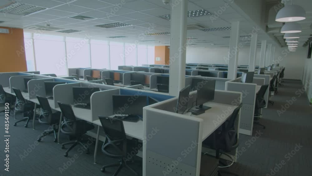 Dolly In Shot In An Empty, Neat and Fresh Call Center Office In Daytime