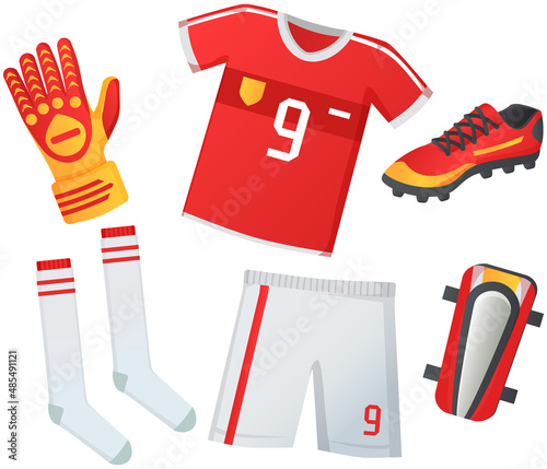 Soccer uniform jersey and t-shirt, sport shoes cleats icons, shorts gloves and sports gaiters. Graphic design for football kit or activewear uniforms. sportswear isolated, competition, championship