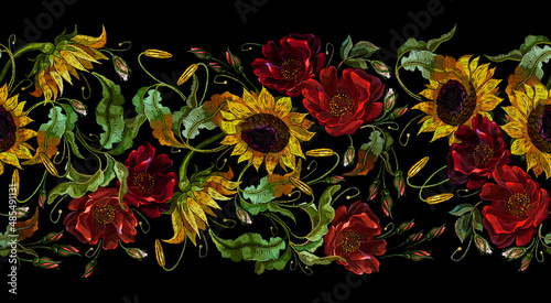 Embroidery sunflowers and red poppies flowers. Garden botanical art. Horizontal seamless pattern. Summer fashion template for clothes, tapestry, t-shirt design