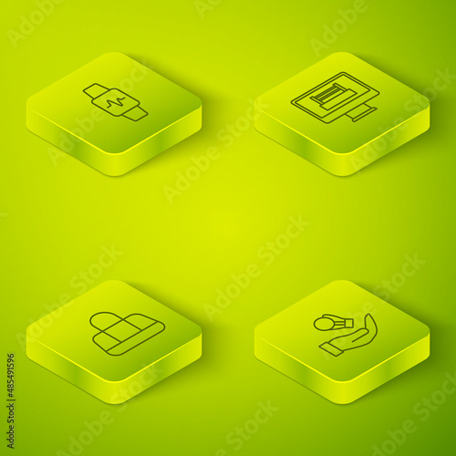 Set Isometric line Boxing ring, Sport bag, glove and Smart watch with heart icon. Vector