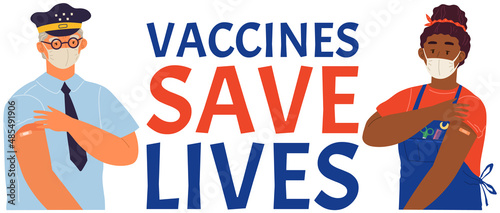 Stop coronavirus agitation concept. Vaccination promo, immunization of workers. Vaccine saves lives. People wearing protective mask showing their arm with bandage after receiving covid-19 vaccine
